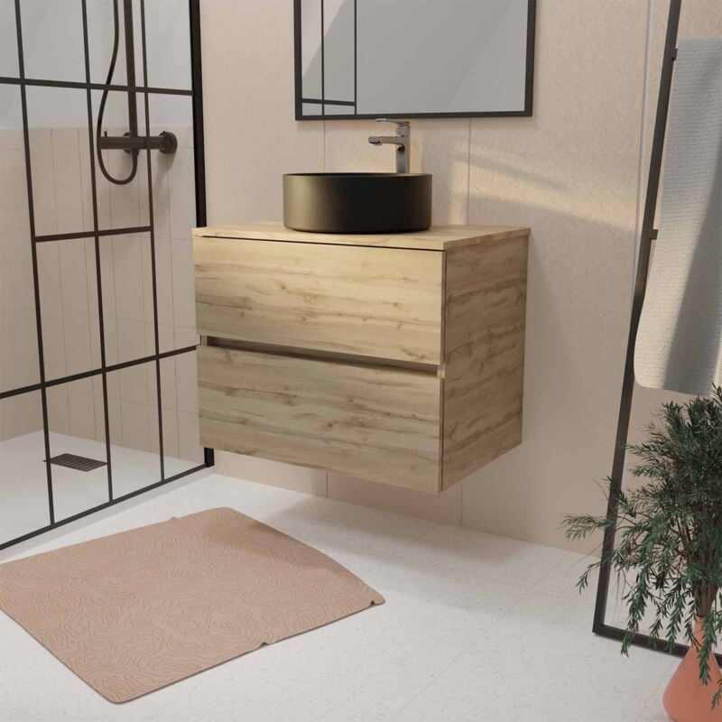 Aurlane - Meuble de salle de bains suspendu 70cm timber Décor Chêne 2 tiroirs Vasque noire à poser