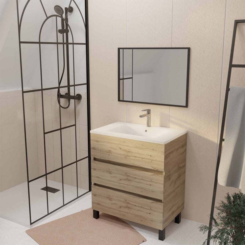 Aurlane - Meuble de salle de bains 70cm timber Décor Chêne Naturel 3 Tiroirs Vasque Blanche et Miroir 70x50