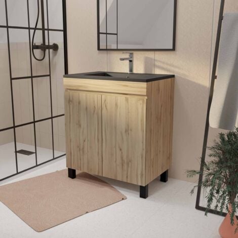 meuble de salle de bains 70 cm timber - décor chêne naturel à portes avec vasque noire