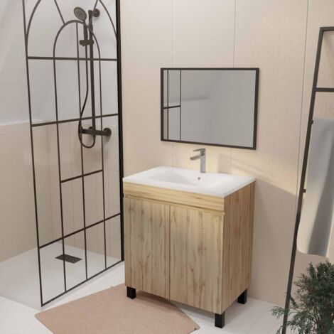 Aurlane – Meuble salle de bains 70cm – 2 portes à fermeture douce – Vasque céramique blanche – Miroir 70x50 – Caisson chêne naturel