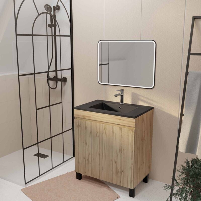 Meuble de salle de bains 70cm TIMBER Décor Chêne Naturel à Portes Vasque Noire et Miroir LED 70x50