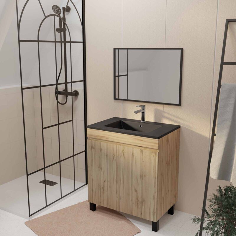 Aurlane - Meuble de salle de bains 70cm timber Décor Chêne Naturel à Portes Vasque Noire et Miroir 70x50