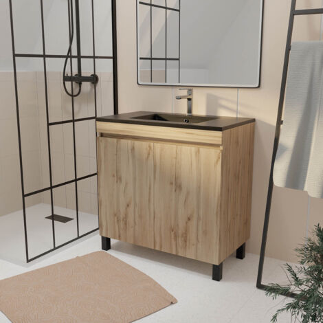 Aurlane – Meuble de salle de bains 80 cm sur pieds – 2 portes à fermeture progressive – Vasque céramique noire – Caisson chêne naturel 16mm