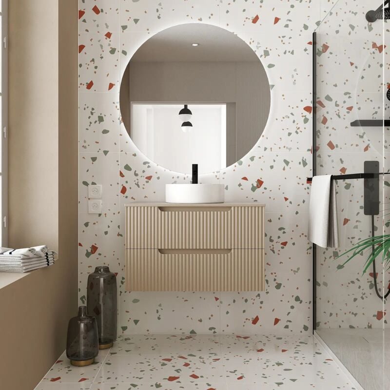 Aurlane - Meuble de Salle de Bains leon 80cm Marron Glace - 2 Tiroirs en mdf Ondules - Vasque Ronde 36cm