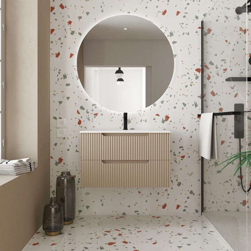 Meuble de Salle de Bains leon 80cm Marron Glace - 2 Tiroirs en mdf Ondulés - Vasque à encastrer