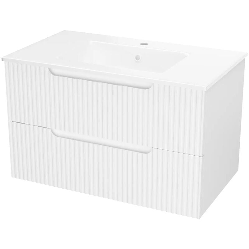 Meuble de Salle de Bains leon 80cm Blanc Neige - 2 Tiroirs en mdf Ondulés - Vasque à encastrer