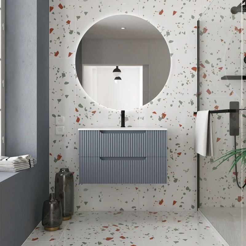 Aurlane - Meuble de Salle de Bains leon 80cm Gris - 2 Tiroirs en mdf Ondulés - Vasque à encastrer