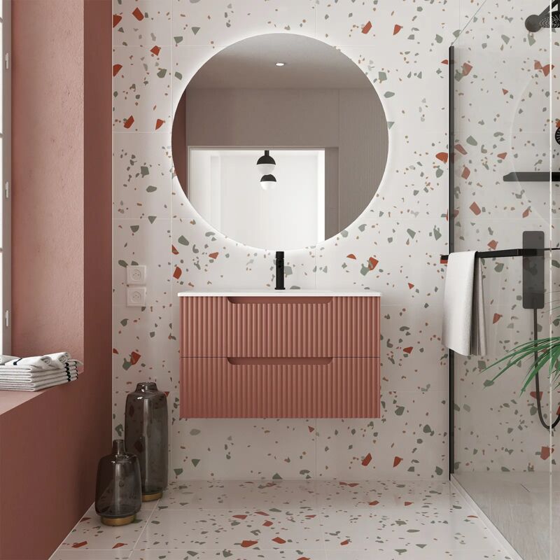 Meuble de Salle de Bains leon 80cm Terracotta - 2 Tiroirs en mdf Ondulés - Vasque à encastrer