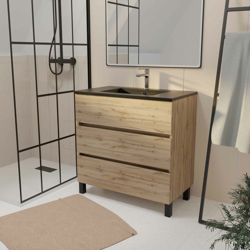 Aurlane - Meuble de salle de bains 80 cm 3 Tiroirs Chêne Naturel + Vasque Céramique Noire - timber