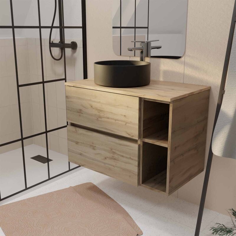 Aurlane - Meuble de salle de bains 80cm timber Décor Chêne 2 Tiroirs et Module - Plan et Vasque Noire