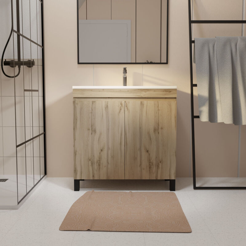 Meuble de salle de bains 80cm 2 porteschêne naturel + vasque céramique