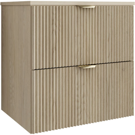 Meuble de salle de bains à façade rainurée de 60 cm avec 2 tiroirs , chêne crémone (MDF) , poignée dorée , 60 × 47 × 60 cm