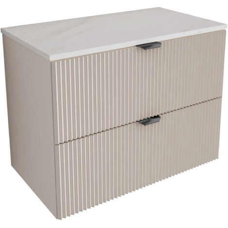 Meuble de salle de bains à façade rainurée de 80 cm , avec 2 tiroirs , cachemire , plateau en marbre blanc (MDF) et poignée noire , 80 × 47 × 60 cm