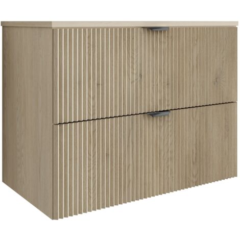 Meuble de salle de bains à façade rainurée de 80 cm avec 2 tiroirs , chêne crémone (MDF) , poignée noire , 80 × 47 × 60 cm