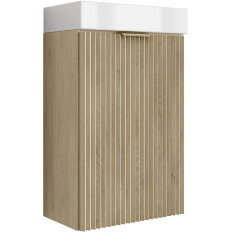 Meuble de salle de bains avec façade rainurée de 40 cm avec vasque , chêne crémone (MDF) avec poignée dorée , 40 ,5 × 22 ,5 × 57 cm