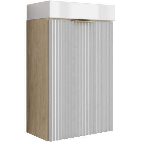 Meuble de salle de bains avec façade rainurée de 40 cm avec vasque , noyer clair (MDF) , façade blanche et poignée dorée , 40 ,5 × 22 ,5 × 57 cm