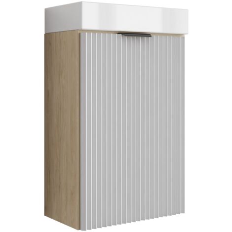 Meuble de salle de bains avec façade rainurée de 40 cm avec vasque , noyer clair (MDF) , façade blanche et poignée noire , 40 ,5 × 22 ,5 × 57 cm