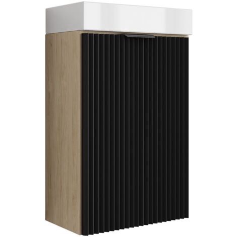 Meuble de salle de bains avec façade rainurée de 40 cm avec vasque , noyer clair (MDF) , façade et poignée noires , 40 ,5 × 22 ,5 × 57 cm