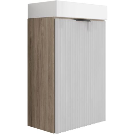 Meuble de salle de bains avec façade rainurée de 40 cm avec vasque , noyer foncé (MDF) , façades blanches et poignée noire , 40 ,5 × 22 ,5 × 57 cm