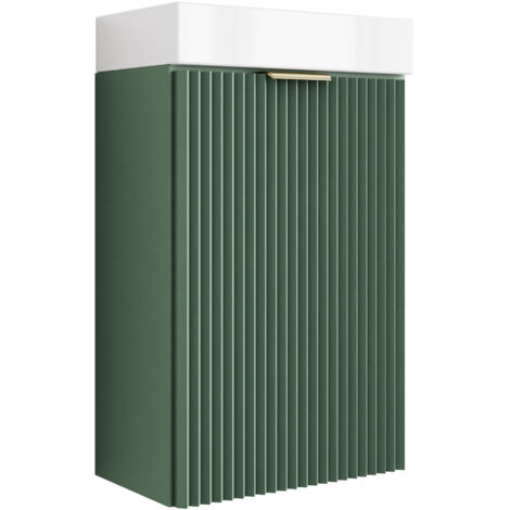 Meuble de salle de bains avec façade rainurée de 40 cm avec vasque , vert avec poignée dorée , 40 ,5 × 22 ,5 × 57 cm