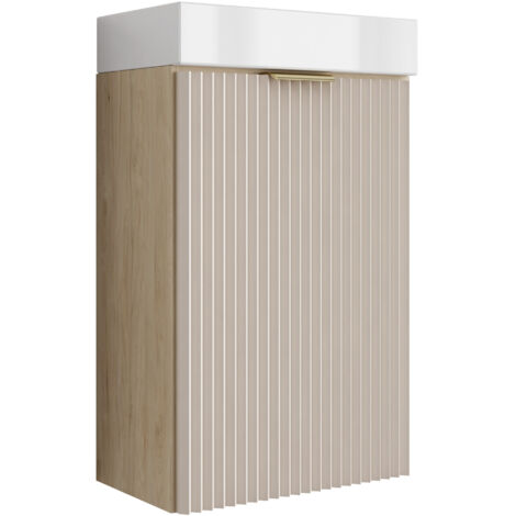 Meuble de salle de bains avec façade rainurée de 40 cm , vasque intégrée , noyer clair (MDF) , façade cachemire et poignée dorée , 40 ,5 × 22 ,5 × 57 cm