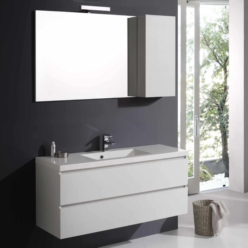 Kiamami Valentina - Meuble De Salle De Bains Avec Tiroirs 120 Cm En Bois Blanchi Miroir Avec Armoire Murale