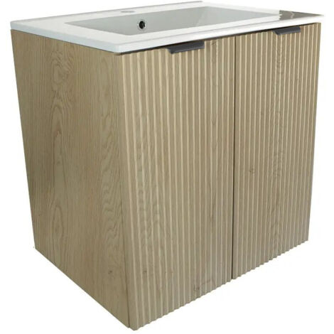 Meuble de salle de bains avec tiroirs et vasque de 60 cm, façade cannelée, chêne Cremona, 60 × 47 × 60 cm