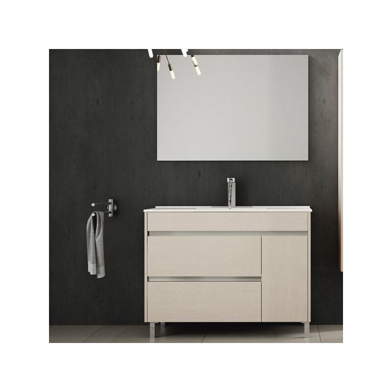 Meuble de salle de bains Caprera 3 pièces - meuble, lavabo + miroir. Livré assemblé 90CM avec le vasque déplacé vers la gauche Crème