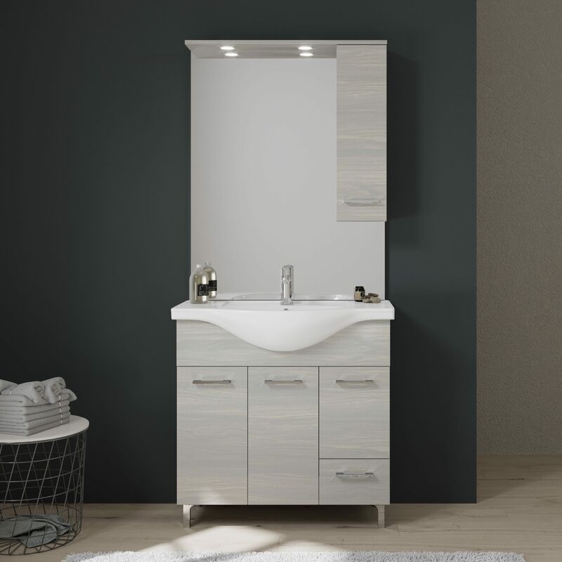 Meuble De Salle De Bains De 85 Cm Sur Pieds Chromes Chene Blanc Rimini 02010804000010
