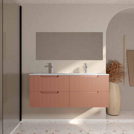 AURLANE meuble de salle de bains leon 120cm terracotta - 4 tiroirs en mdf ondulés - vasque à encastrer