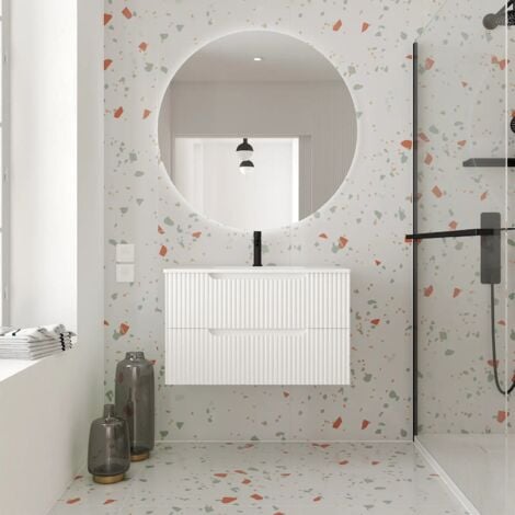 Meuble de Salle de Bains LEON 80cm Blanc Neige - 2 Tiroirs en MDF Ondulés - Vasque à encastrer