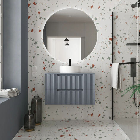 Aurlane – Meuble de salle de bain suspendu 80cm gris – 2 tiroirs en MDF ondulé – Vasque ronde Ø36cm – Installation facile avec caisson monté