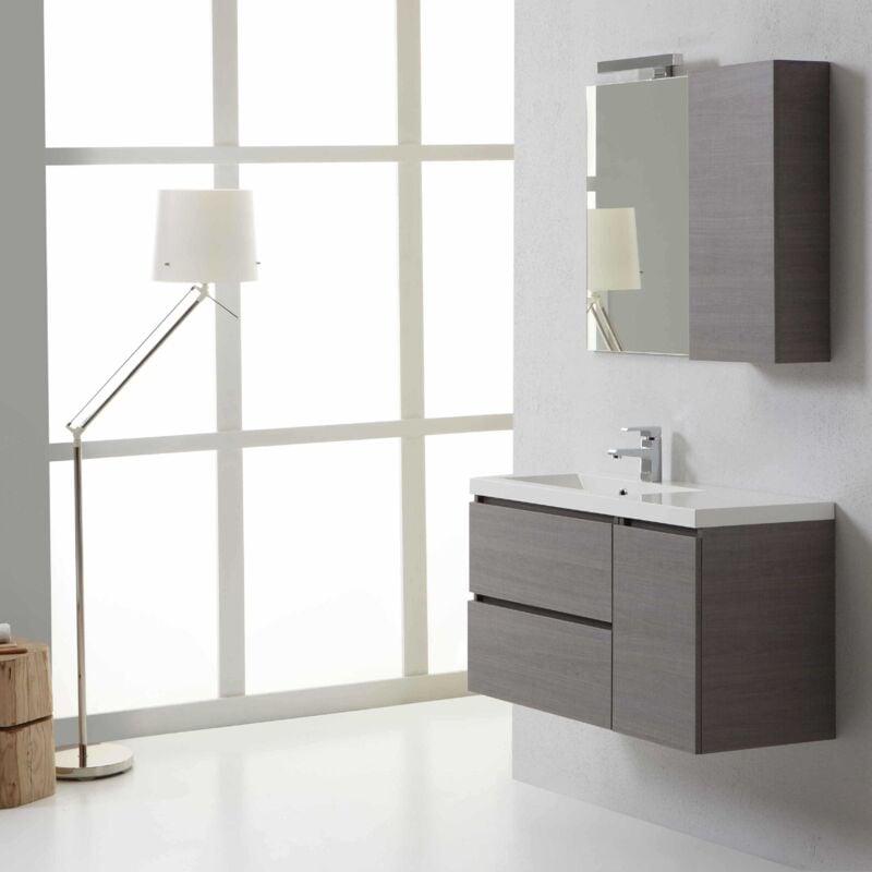 Meuble De Salle De Bains Manhattan 90X40 Cm Avec Tiroirs Et Armoire Murale Gauche