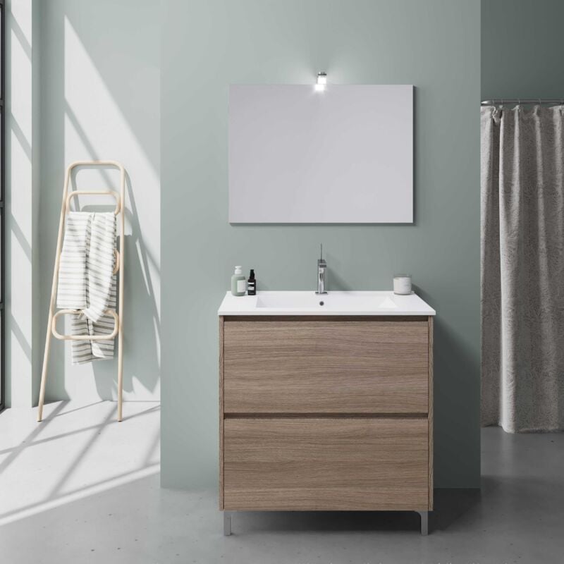 Kiamami Valentina - Meuble De Salle De Bains à Poser De 80 Cm Avec Lavabo Et Tiroirs Chêne Laguna