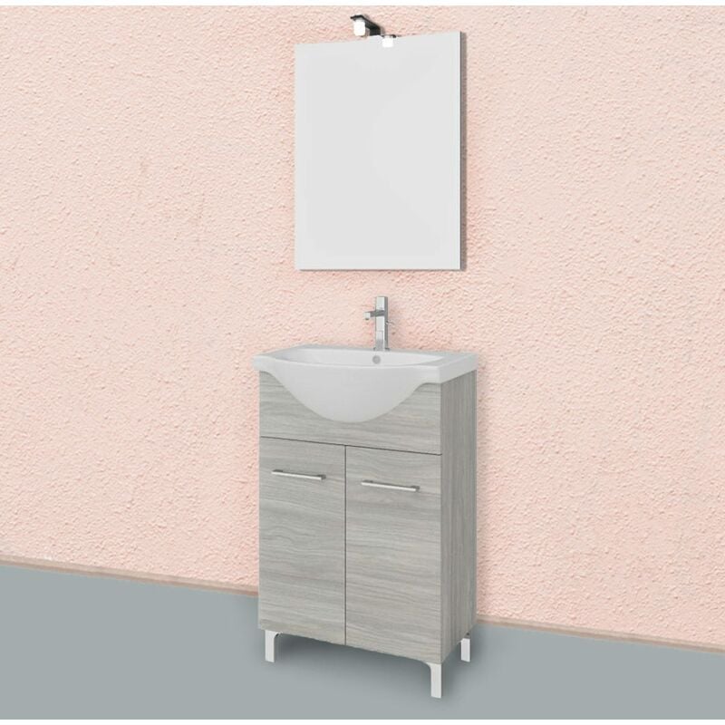 Meuble De Salle De Bains Sur Pied 55Cm 2 Portes Chêne Gris, Lavabo Et Miroir Rimini