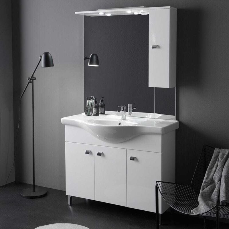Kiamami Valentina - Meuble De Salle De Bains Sur Pied Avec Lavabo, 105 Cm, Blanc Brillant Smeraldo