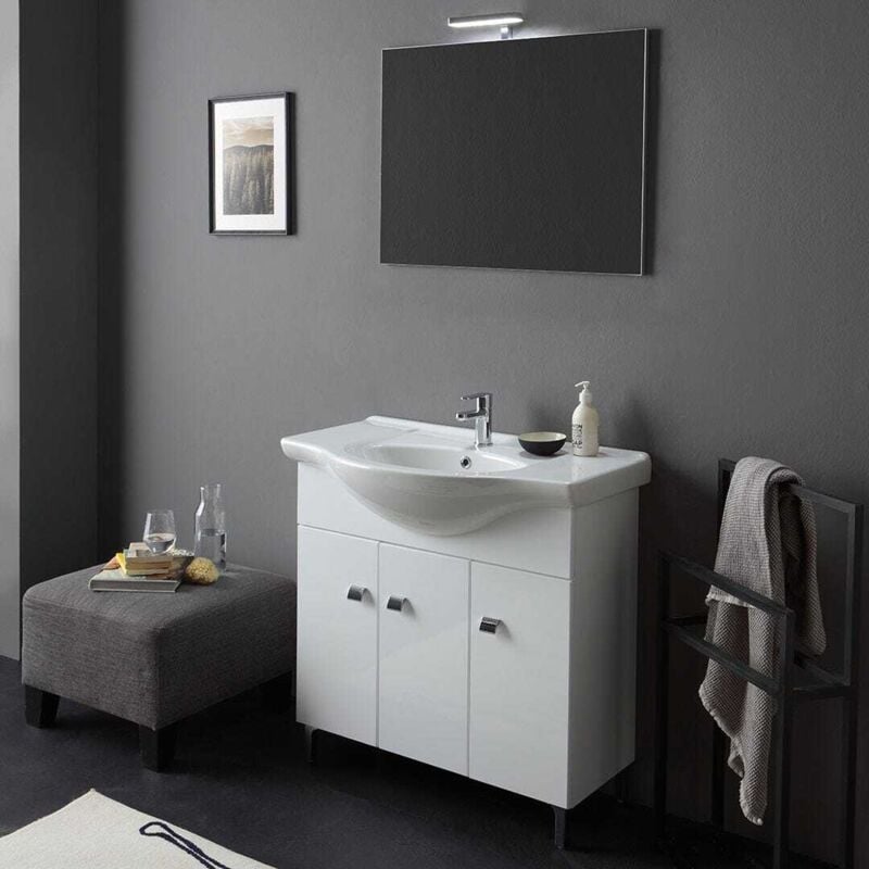 Kiamami Valentina - Meuble De Salle De Bains Sur Pied Blanc Poli 85 Cm 3 Portes Smeraldo