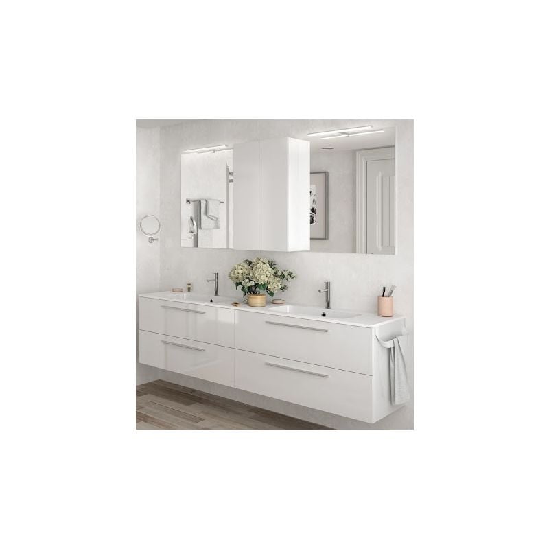Meuble de salle de bains suspendu 200 cm blanc brillant avec miroir Blanc brillant