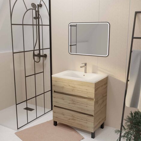 meuble de salle de bains suspendu 70 timber décor chêne 3 tiroirs vasque blanche et miroir led 70x50
