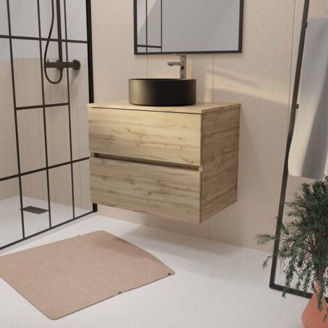 meuble de salle de bains suspendu 70cm timber décor chêne 2 tiroirs vasque noire à poser