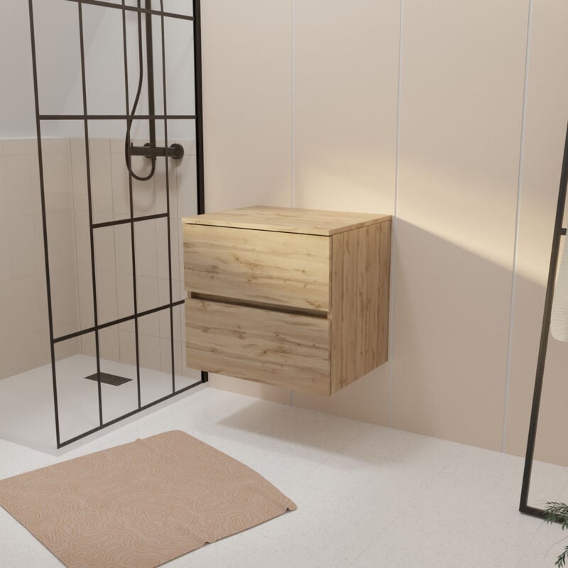 Meuble de Salle de Bains 60 cm à Tiroirs avec Plan Finition Chêne Naturel - TIMBER