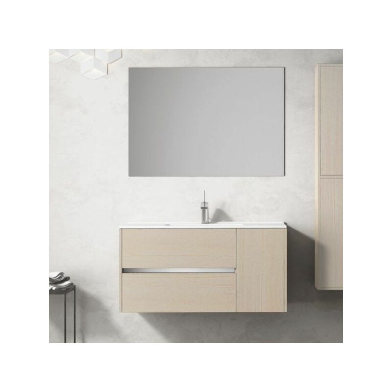 Tegler - Meuble de salle de bains à suspendu Itaca avec lavabo et miroir. Livré assemblé 90 cm avec le vasque déplacé vers la gauche Crème