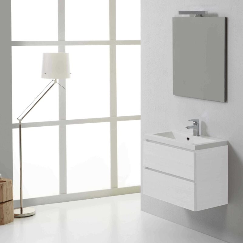 Kiamami Valentina - Meuble De Salle De Bains Suspendu Manhattan 60 Cm Avec Tiroirs Bois Blanchi