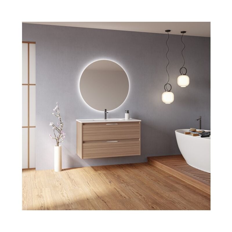 Abitare - Meuble de salle de bain suspendu 100 cm noyer sablé avec lavabo - Bristol - Noyer 100 cm Avec miroir et lampe led