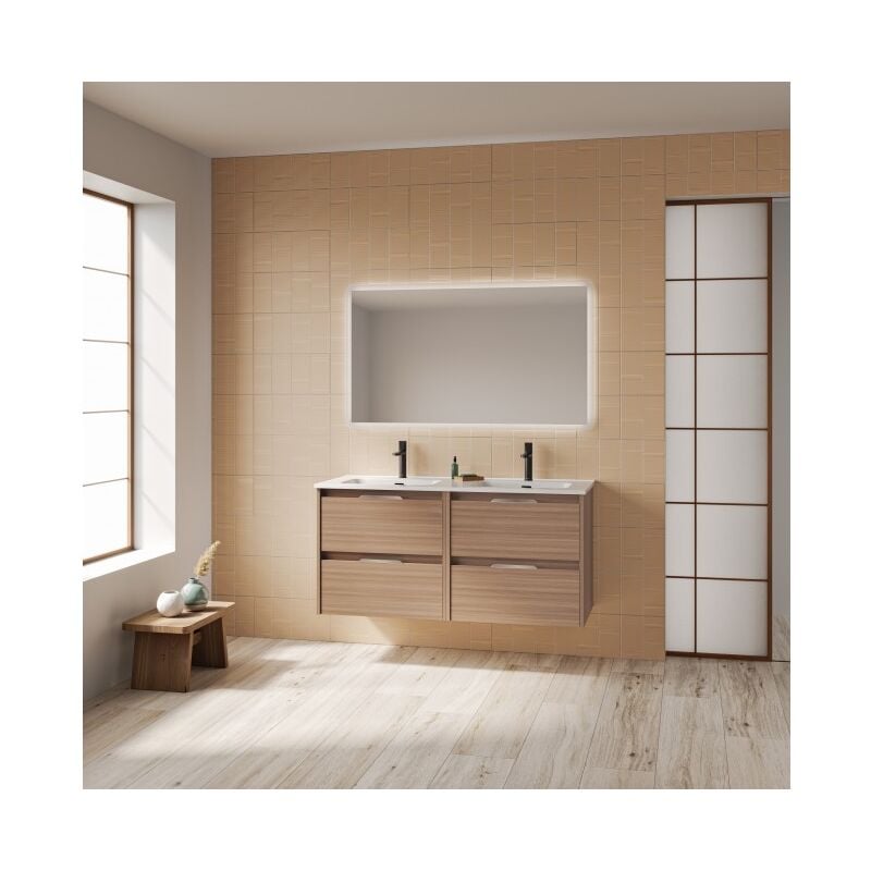 Abitare - Meuble de salle de bain suspendu 120 cm noyer sablé avec lavabo - Bristol - Noyer 120 cm Avec miroir et lampe led