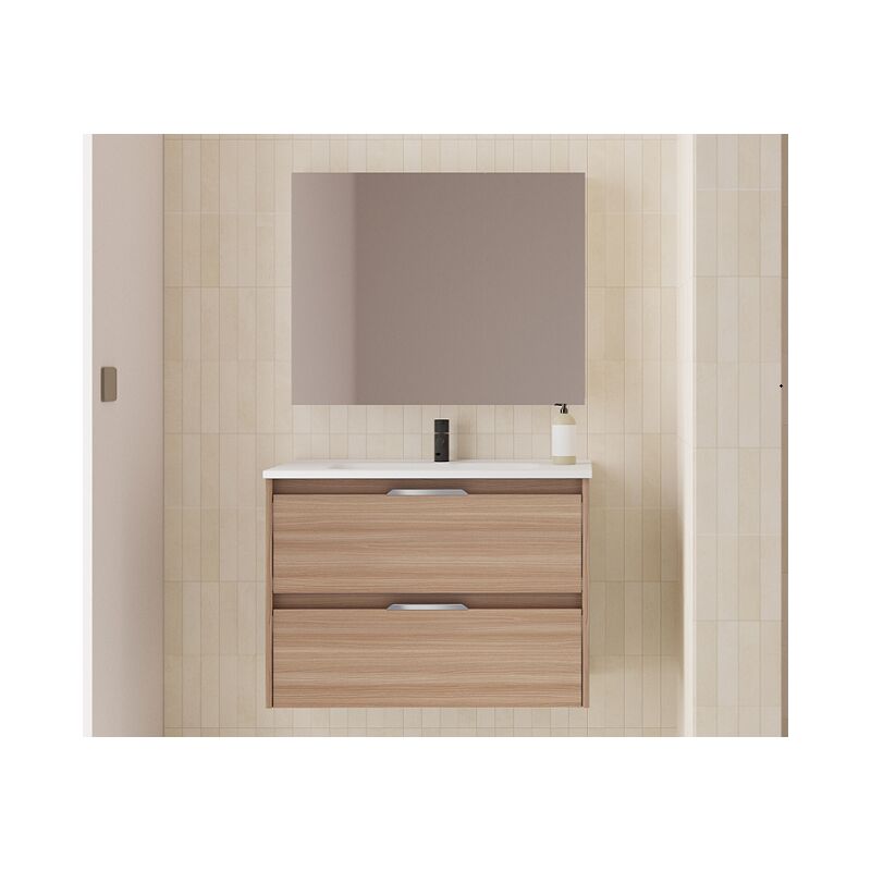 Abitare - Meuble de salle de bain suspendu 80 cm noyer sablé avec lavabo - Bristol - Noyer 80 cm Avec miroir et lampe led