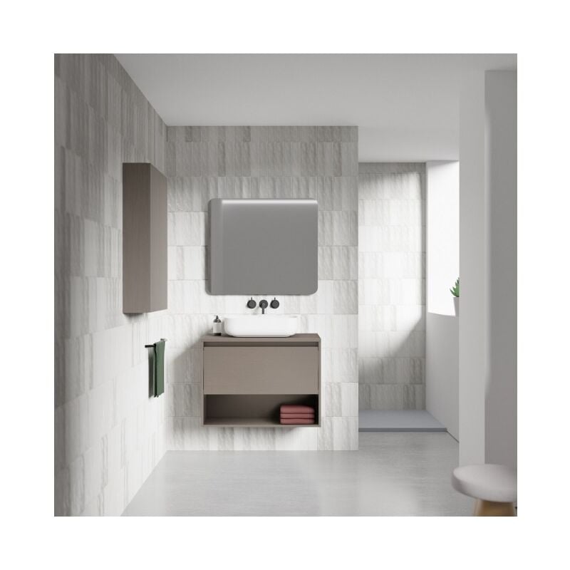 Abitare - Meuble de salle de bain suspendu 80 cm fumé sablé avec lavabo à poser - Inghilterra - Fumée 80 cm Standard
