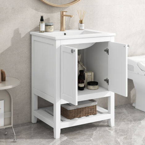Meuble de salle, Lavabo suspendu de bain, céramique vasque avec meuble bas 60cm, sans robinetterie, blanc