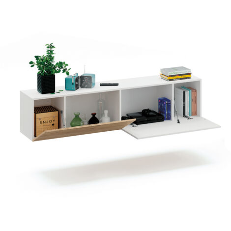 Meuble de salon coloris blanc / chêne doré - Hauteur 42 x Longueur 180 x Profondeur 40 cm - PEGANE -