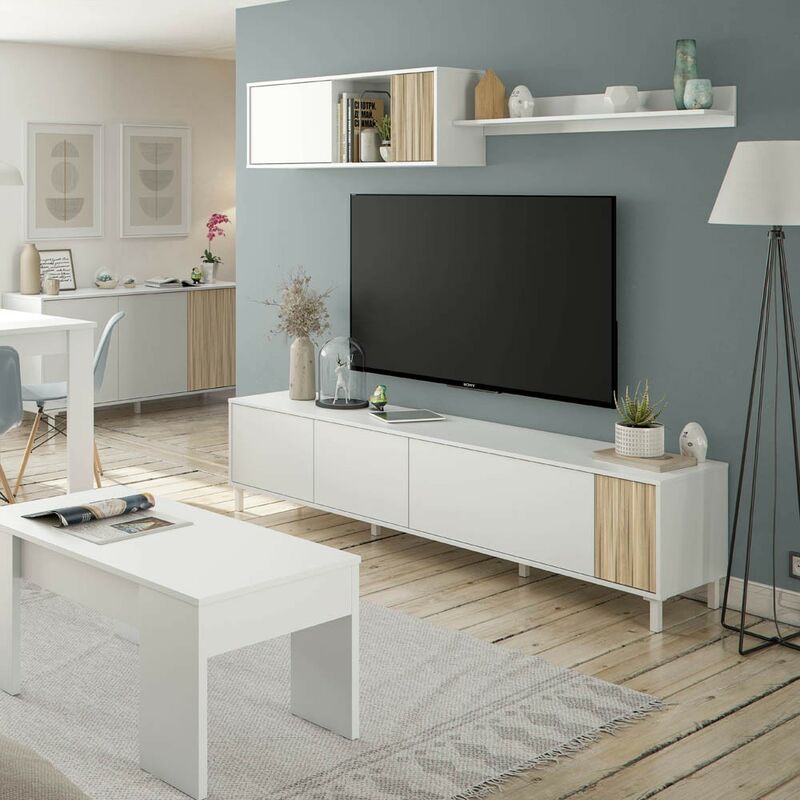 Meuble de salon Ethna 200 cm (largeur) x 47 cm (hauteur) x 40 cm (profondeur) - Artik Blanc - Nature